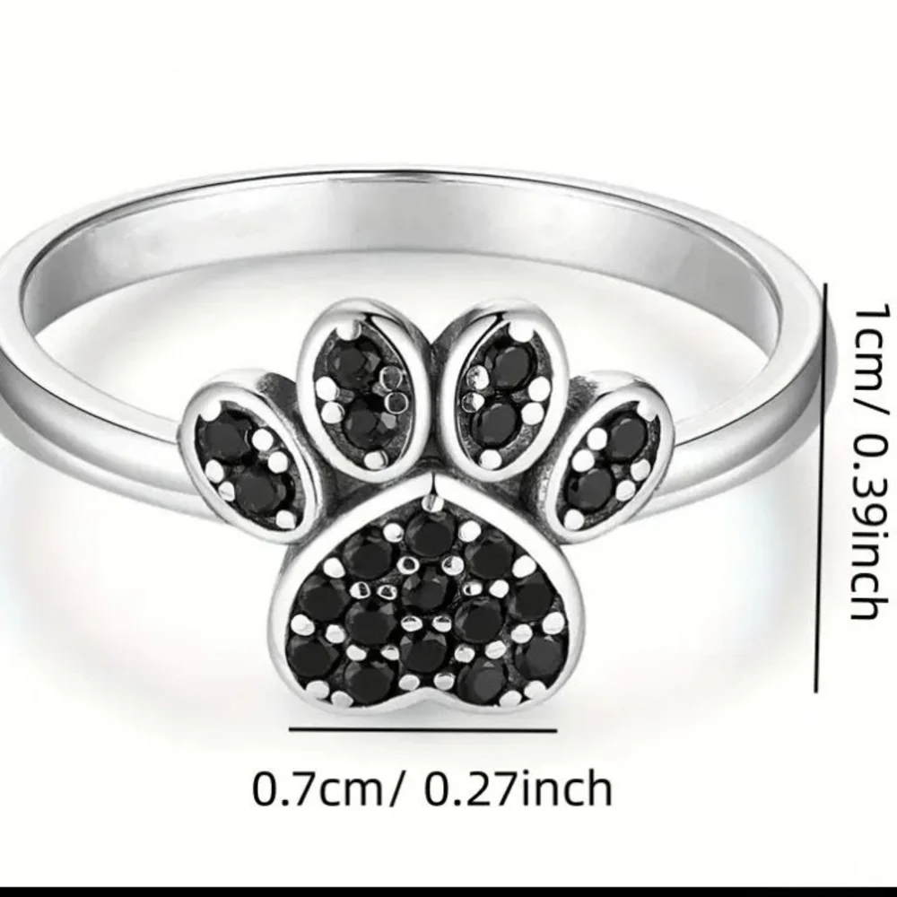Silver Paw Print Ring with Black Rhinestones Dog Lover Jewelry - Picture 5 of 6